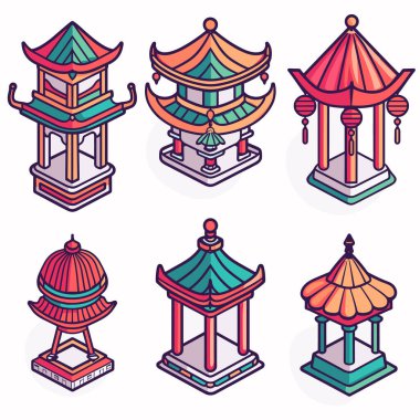 Altı renkli vektör illüstrasyonunu Asianstyle pagodas olarak ayarlayın, pagoda eşsiz çatı tasarımları, dekoratif elementler, temel yapılar içerir. Sanat stili izometrik, canlı renk paletini gözler önüne seriyor