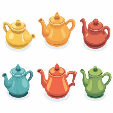 Altı renkli çaydanlık iki sıra üç canlı renk, mutfak gereçleri. Koleksiyon seramik çaydanlıklar, mavi, yeşil, sarı, kırmızı, mutfak eşyaları, izole edilmiş beyaz arka plan. Vektör illüstrasyonu parlak