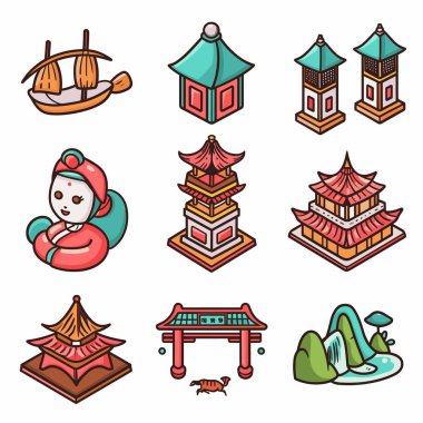 Geleneksel Asya yapıları koleksiyonu Geyşa figürü. Parlak renkler, kültürel işaretler, kendine özgü mimari unsurlar. Çizgi film tarzı, seyahat turizmi teması, izole edilmiş beyaz arkaplan