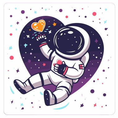 Karikatür astronotları uzayda süzülür, yıldızların etrafını sarar, uzay maceralarını tasvir eder. Astronot miğferi, aşkın uzay keşfi anlamına gelen kalp sembolünü yansıtır. Renkli kozmik sahne