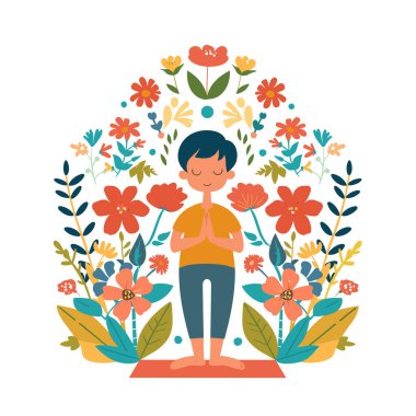 Meditasyon yapan kişi renkli çiçeklerle çevrili, huzurlu yoga pozu veriyor. Özenli meditasyon çiçek arkaplanı, sükunet, ahenk çizimi. Sağlık konsepti, meditasyon karakteri, hareketli