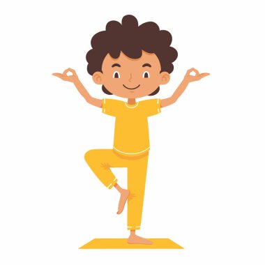Yoga yapan genç çocuk gülümseyerek dengesini koruyor. Çocuk çizgi film karakteri tek bacaklı yoga minderi gibi duruyor. Etnik çocuk duruşu rahatlama odaklanma