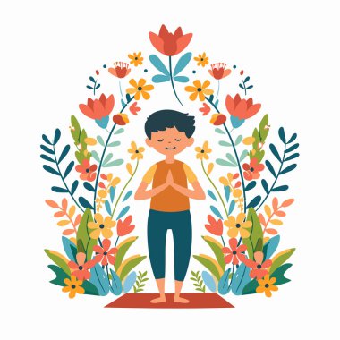 Genç Asyalı çocuk yoga yapıyor. Etrafı renkli çiçeklerle çevrili, dingin sağlık temalı. Çocuk neşeyle meditasyon yapıyor, çiçek kemeri, doğa, huzurlu meditasyon çizimi. Çocuk yogası
