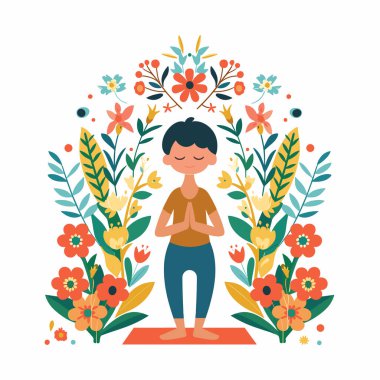 Yoga yapan bir kadın. Etrafı çiçeklerle çevrili. Huzurlu bir meditasyon pozisyonu. Huzurlu kadın karakter yoga yapıyor, çiçekli arka plan, sağIık farkındalığı kavramı. Yoga