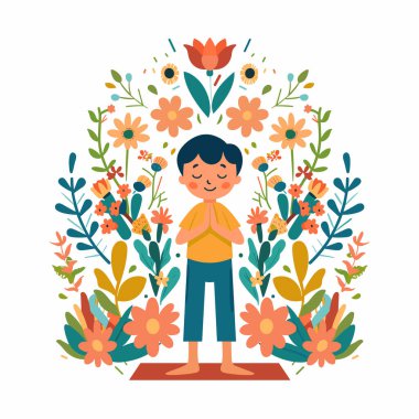 Genç çocuk yoga yapıyor. Etrafı renkli çiçeklerle çevrili. Çocuk meditasyonu duruşu, sakinlik, ahenk. Mutlu çocuk doğada huzurlu yogayı seviyor, refah konsepti.