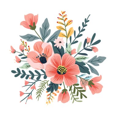 Pembe çiçekli yeşil yapraklı renkli bir çiçek aranjmanı. Botanik tasarımı mükemmel bahar tebrik kartı dekorasyonu. Genel olarak kullanılan çiçek buketi sanatsal tasarım.