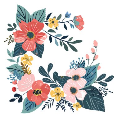 Çiçek buketi çeşitli çiçek yaprakları, canlı renk düzeni. Botanik düzenleme, el çizimi sanatsal stil, çiçek tasarımı unsurları. Doğadan esinlenilmiş dekoratif illüstrasyon mükemmel davetiyeler