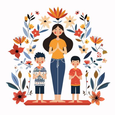 Meditasyon yaparken gülümseyen Asyalı bir aile çiçek arkaplanını kuşattı. Anne oğullar birlikte meditasyon yapar, sakin ifadeler, günlük kıyafetler, huzur ortamları. Sanatsal temsil sükunet ailesi