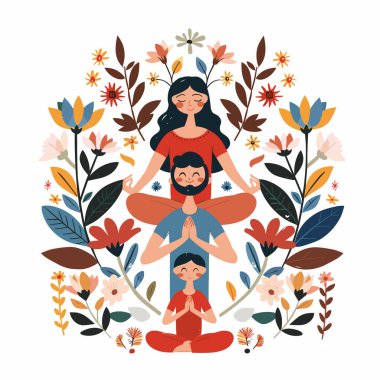Üç kuşak kadın meditasyon yapıyor, etrafı renkli ve dekoratif çiçeklerle çevrili. Aile yogası, huzurlu farkındalık, anne, kız, büyükanne Lotus pozu, yoga ahengi. Çekici kadınlar