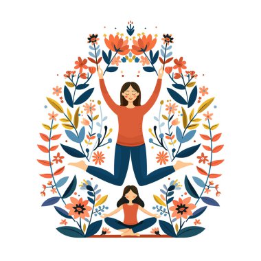 Yoga yapan iki kadın çevreleyen canlı çiçek desenleri, bir ayakta duran ağaç duruşu, bir oturan lotus pozisyonu. Mutlu, dengeli bir yaşam tarzı, sağIık, farkındalık konsepti çizimi. Kadınlar