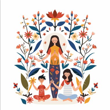 Üç kadın meditasyon pozu. Etrafı canlı çiçeklerle çevrili. Merkez figür dik duruyor, gözler kapalı, avuçlar yan yana, nilüfer çiçekleri pozisyonu almış. Halk sanatı tarzı, renkli, düz tasarım.
