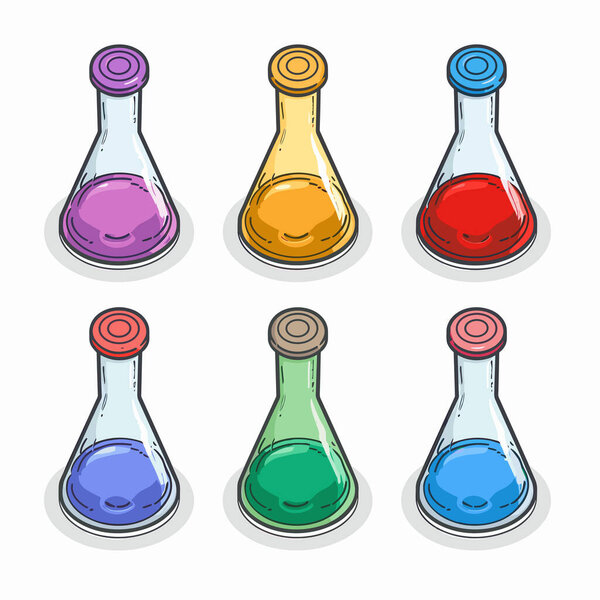 Шесть разноцветных бутылок зелья, зелья ручной работы различных цветов. Концепция химии жидкости запечатывает стеклянные контейнеры. Волшебные зелья фантазии настройки ярких оттенков