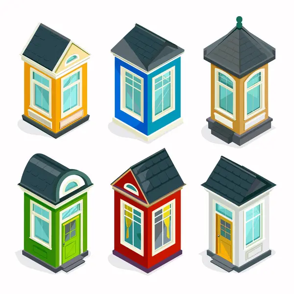 stock vector Isometric colorful houses collection isolated white background. Six small 3D home illustrations differing colors roof designs. Cartoonstyle residential buildings, architecture concept web design