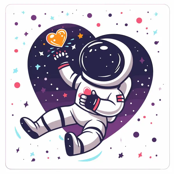 stock vector cartoon astronaut floats space, surrounded stars planets, depicting outer space adventure. Astronaut helmet reflects heart symbol, signifying love space exploration. Colorful cosmic scene includes