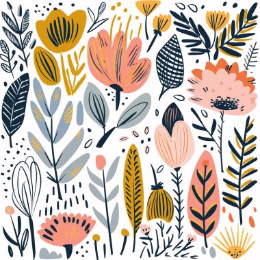 El yapımı çiçek desenli oynak botanik tasarımı. Şekil verilmiş çiçekler karalamaları sarı, pembe, mavi, modern desenler. İskandinav tarzı flora illüstrasyonu, şirin moda doğa unsurları