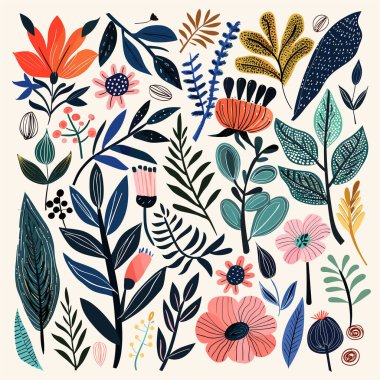 Çiçeklerin rengarenk desenleri doğayı terk eder. Botanik illüstrasyon canlı renkler, dekoratif fon. Sanatsal bitki düzenlemesi, doğa duvar kağıdı grafiği