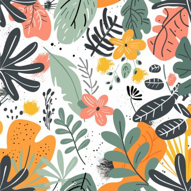 Canlı, tropikal desenli, stilize yapraklar çiçeklerin zengin renklerini gösteriyor. Moda botanik tasarımı kumaş, duvar kağıdı, kırtasiye malzemesi kullanılacak. Sanatsal çiçek çizimi lekeler verir