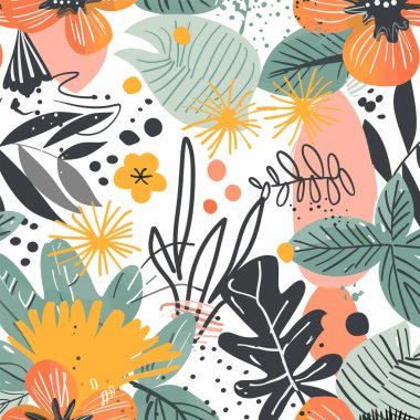 Çeşitli bitkiler, çiçekler, yapraklar, soyut şekiller içeren renkli tropikal botanik desenler. Modern soyut çiçek tasarımı geometrik elementlerin doğa motiflerini karıştırıyor. Uygun oyuncu canlı yazdırma