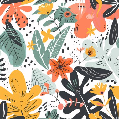 Çeşitli çiçeklerin bulunduğu renkli tropikal botanik desenler canlı renkler bırakır. Sanatsal çiçek tasarımı soyut doğa modern, oyuncu stil elementleri. Kusursuz tropikal baskı uygun kumaş