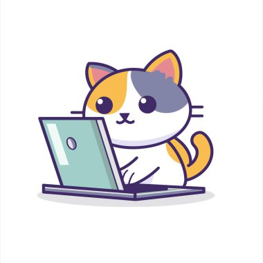 Dizüstü bilgisayar kullanan sevimli çizgi film kedisi, dijital aktiviteyi harekete geçiren teknoloji meraklısı kedi. Calico kediciği bilgisayarla etkileşime girerken meraklı görünüyor, teknisyen evcil hayvan konsepti. Sevimli hayvan.