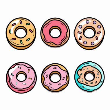 Altı çeşit el yapımı çörek, farklı tatlar, serpiştirilmiş soslar. Çizgi film tarzı lezzetli tatlılar izole edilmiş beyaz arka plan. Çeşitli, lezzetli, tatlı abur cubur çizimleri.