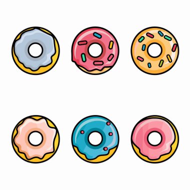 Beyaz arka planda gösterilen altı renkli çizgi film çöreği. Çeşitli jöleli çörekler farklı soslar, ideal fırın tatlı teması. Canlı düz tasarım hamur işleri ile ilgili uygun yiyecekler