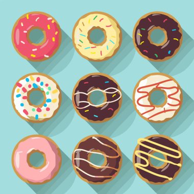 Çeşitli donutlar düz tasarım çizim mavi çizgili arka plan. Lezzetli donutlar çeşitli aromalı soslar. Tatlı ikramlar, şekerleme tasarımı, dokuz donut düzenlenmiş ızgara deseni.