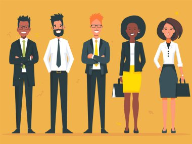 Beş kendine güvenen iş adamı bir arada, çeşitli etnik kökenler, gülümseme, profesyonel kıyafetler, evrak çantaları. Profesyonel takım, iki kadın, üç erkek, meslektaş işbirliği, çeşitli