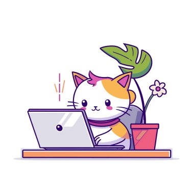 Dizüstü bilgisayar kullanan çizgi film kedisi, çiçek saksısı hediye ediyor. Turuncu beyaz kedi bilgisayarı, mor eşarp, şirin ev dekorları. Canlandırılmış kedi yavrusu çevrimiçi aktivite, teknikli evcil hayvan illüstrasyonu
