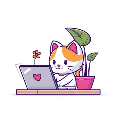 Çizgi film kedisi dizüstü bilgisayar kullanıyor, mutlu yüz ifadesi kullanıyor bilgisayarın yanına çiçek ekiyor. Sevimli, neşeli kedi karakteri çevrimiçi aktiviteler, canlı renkler. Sevimli animasyon kedi çalışıyor.