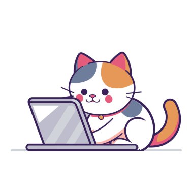 Dizüstü bilgisayarı, çizgi film stilini ve teknoloji konseptini kullanan animasyon bir yavru kedi. Şirin kedi karakteri etkileşimli bilgisayar, dijital illüstrasyon. Yakalı Calico kedisi laptopta çalışıyor, pastel renkler...