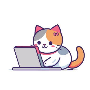 Çizgi film kedisi dizüstü bilgisayar kullanıyor, pembe yakalı, sevimli kedi teknolojisi kullanıcısı, kedi karakteri renkli tasarımı araştırıyor. Sevimli kedi bilgisayarı, beyaz gri kürkü, turuncu aksanları etkiliyor.
