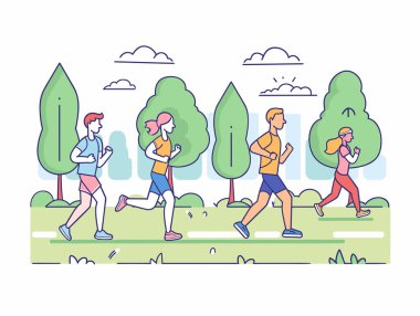 İki erkeğin ağaçların arasında koşan iki kadını resmettiği bir resim. Çizgi film stili spor grupları açık havada spor kıyafetlerini mavi gökyüzünün altında giyerler. Kadınlar birlikte egzersiz yapar, spor yapar.