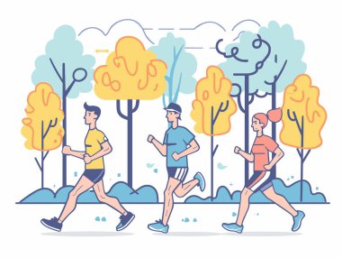 Üç koşucu parkta koşuyor, iki erkek bir kadın ağaçların arasında koşuyor. Animasyon karakterleri atletik giysiler fitness yoluyla sağlıklı yaşam tarzını sürdürür. Çizgi film çizimleri açık hava egzersizlerini betimler