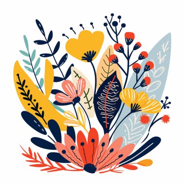 Renkli çiçek tasarımı, çiçek yaprakları dizilimi içeriyor. Sanatsal botanik kompozisyonu canlı kırmızılar, sarılar, maviler, yeşiller. Doğa temalı grafik uygun yaratıcı projeler