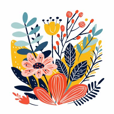 Çeşitli stilize çiçek yaprakları içeren renkli botanik çizimler. Sanatsal çiçek tasarımı cesur şekiller canlı renkler dekor modası. Kullanışlı grafik baskısı modern ev dekorasyonu