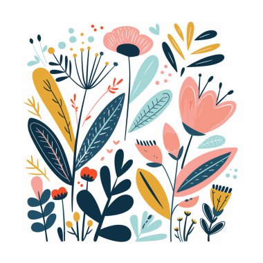 Çeşitli soyut çiçek desenleri içeren renkli çiçek deseni kaprisli, modern tasarım, pembe, mavi, sarı, siyah, uygun yay temalı projeler içerir.