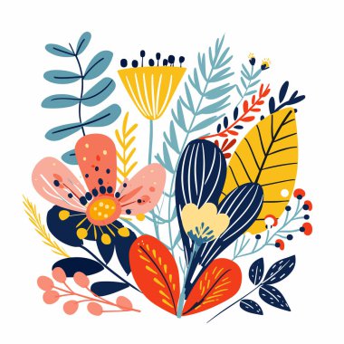 Renkli çiçek yaprakları içeren canlı botanik çizimler. Kalın birincil renkler dekoratif unsurlar neşeli, doğal tasarım yaratır. Sanatsal çiçek düzenleme uygun bahar temaları dekor