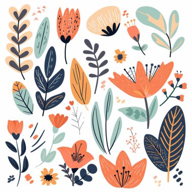 Renkli desenli çiçek yaprakları. Sanatsal el yapımı botanik elementler, çiçek tasarımı. Canlı renkler doğa, stilize bitki motifleri ideal bahar temaları