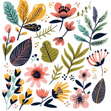 Colorful floral pattern featuring assorted flower leaf shapes, botanical illustration. Vibrant naturethemed artwork stylized handdrawn flowers, leaves isolated white background. Decorative spring clipart