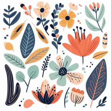 Koleksiyon çeşitli renkli çiçekler düz tasarım tarzında bırakır. Canlı botanik elementler şakacı, soyut düzenlemeler dağıttı. Çiçek deseni uygun duvar kağıtları, kumaş, sabit