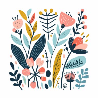 El yapımı botanik elementler izole edilmiş beyaz arka plana karşı yaratıcı bir şekilde düzenlenmiştir. Tarz sahibi yapraklar, çiçekler, organik şekiller içeren sanatsal bir çiçek kompozisyonu. Renkli doğa