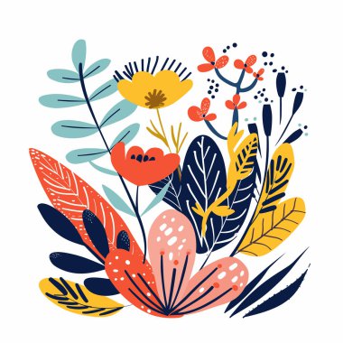 Canlı yapraklar içeren renkli soyut botanik sanatı. Şablon, yaprakları modern düz tasarım tarzıyla içerir. İlham verici illüstrasyon mükemmel dekor tekstilleri