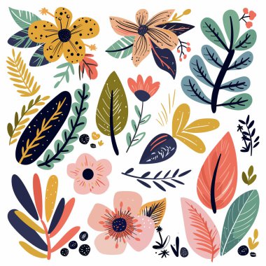 El yapımı çiçek desenli renkli çiçekler dekoratif doğa tasarımı bırakır. Botanik elementler sanatsal olarak canlı grafikleri dağıttı. Moda illüstrasyonları kağıt ürünleri