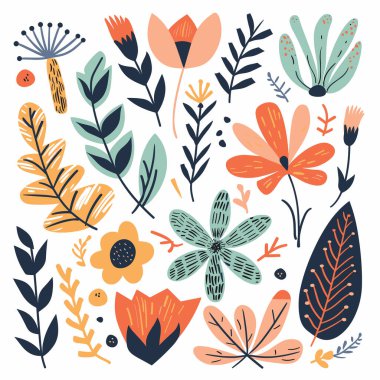 Koleksiyon el yapımı botanik elementler, yapraklar, çiçekler toprak tonlarını susturdu. Sanatsal çiçek tasarımı çeşitli şekiller ideal baskı dijital arka planlarına sahiptir. Çağdaş botanik