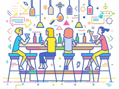 Üç kişi renkli barlardan keyif alıyor, canlı modern illüstrasyon tarzı. Kadın barmen kokteyl servisi, müşteriler bar taburesi, eğlenceli bir geçmiş. Sosyal aktiviteler, arkadaşlar.