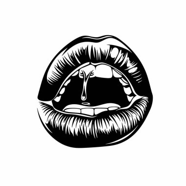 Open mouth dripping liquid, detailed drawing lips teeth, artwork resembles human features. Open mouth black white, stylized representation lips single droplet, high contrast graphic. Isolated white clipart