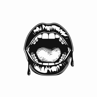 Siyah beyaz vektör çizimi ağız dişi dil, izole edilmiş beyaz arka plan. Grafik tasarımı insan ağzı açık salya akıtıyor, kalın çizgiler. Monokromatik, stilize çizimler bağıran ağızlar.