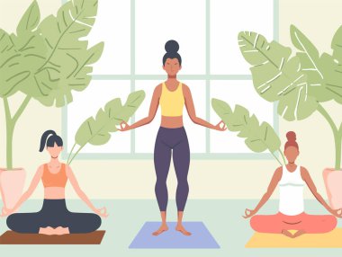 Üç farklı kadın içeride yoga yapıyor, büyük bitkilerin etrafını sarıyorlar, farkındalık sükuneti uyguluyorlar. Çok ırklı kadın karakterler yoga stüdyosu çeşitli pozlar vererek sağlık esnekliği sağlıyor. Sakin