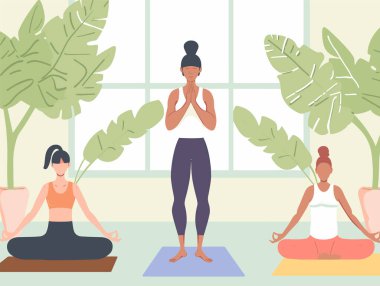 Evde yoga yapan üç kadın, meditasyon pozları veren bitkiler. Kadın karakterler yoga kıyafeti giyer, egzersiz yapar. Uygulama ve sakin stüdyo ortamında çeşitlilik